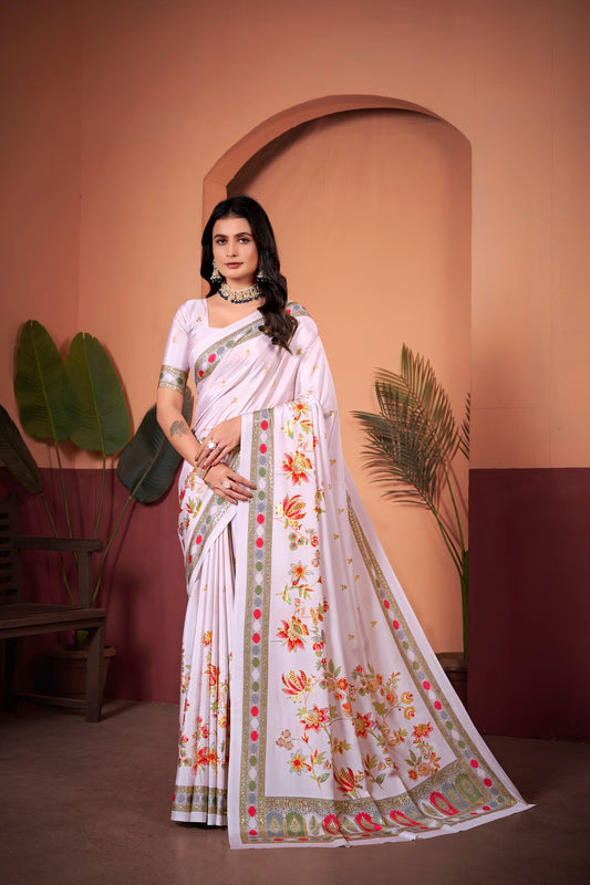 Graceful Off-White Saree with Positional Floral Print & Foil-Embellished Pallu