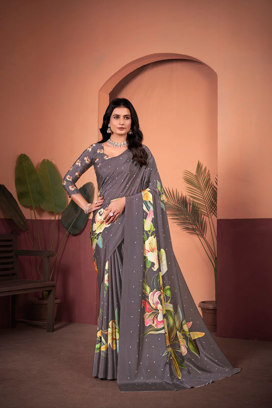 Elegant Coffee Brown Saree with Positional Floral Print & Foil-Embellished Pallu