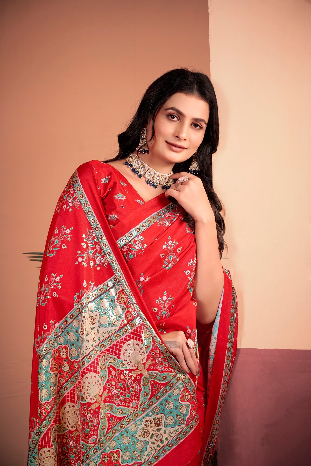 Radiant Tomato Red Saree with Positional Floral Print & Foil Detailing
