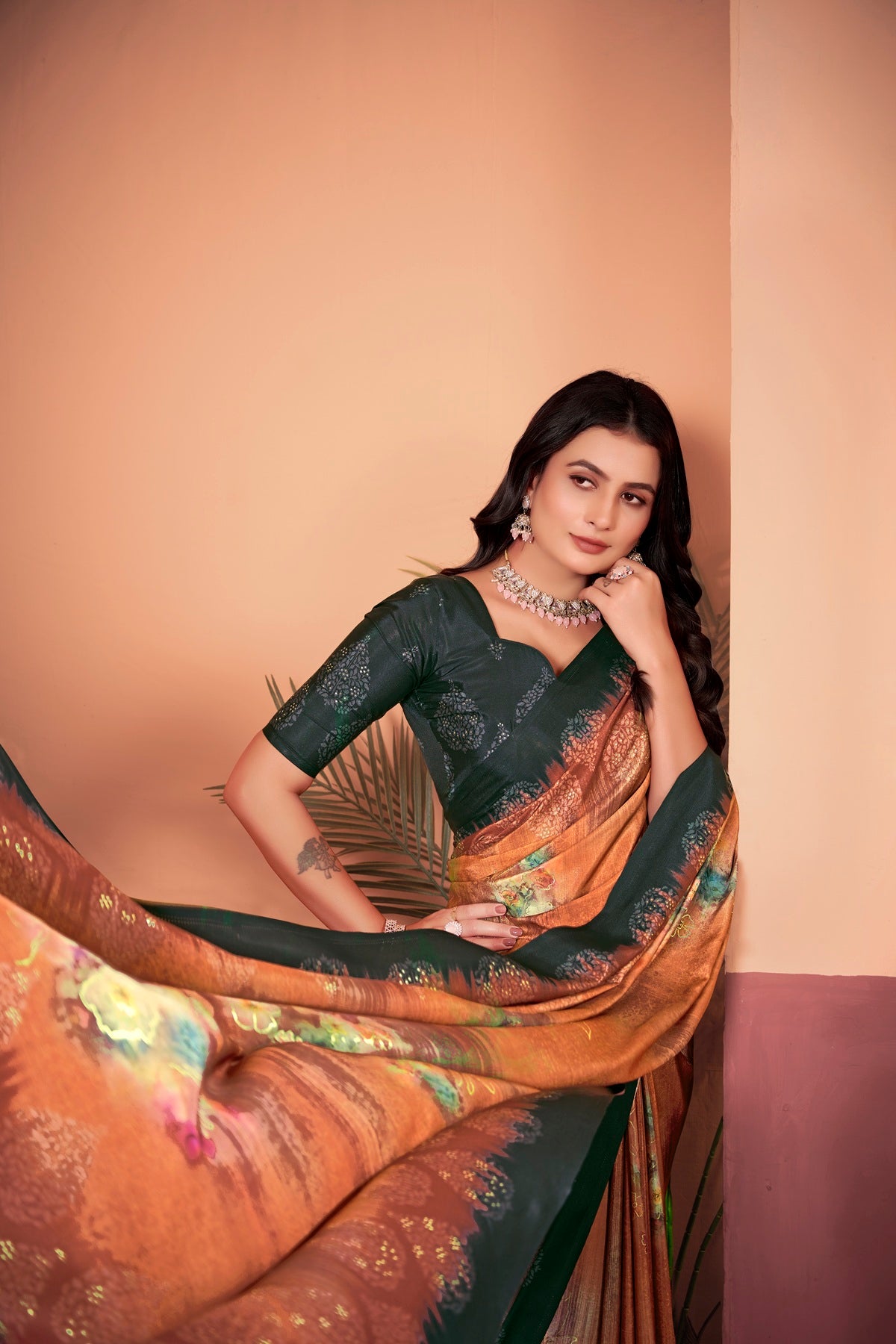 Sophisticated Rust Brown Saree with Positional Floral Print & Foil-Embellished Pallu