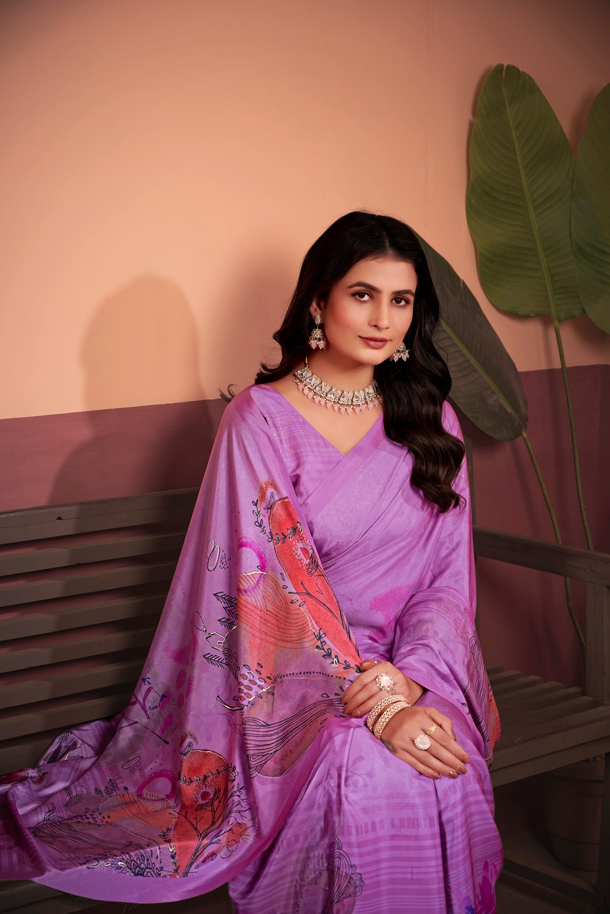 Elegant Lavender Saree with Positional Floral Print & Foil-Embellished Pallu