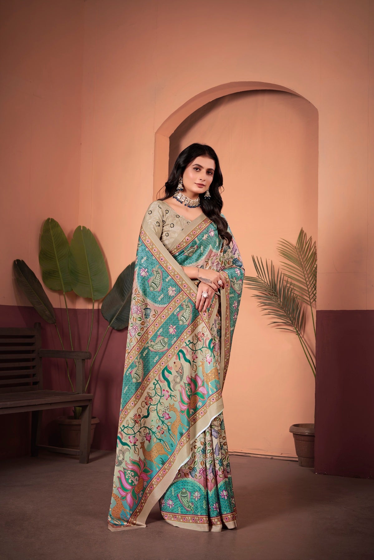Elegant Beige & Blue Saree with Positional Floral Print & Foil Detailing
