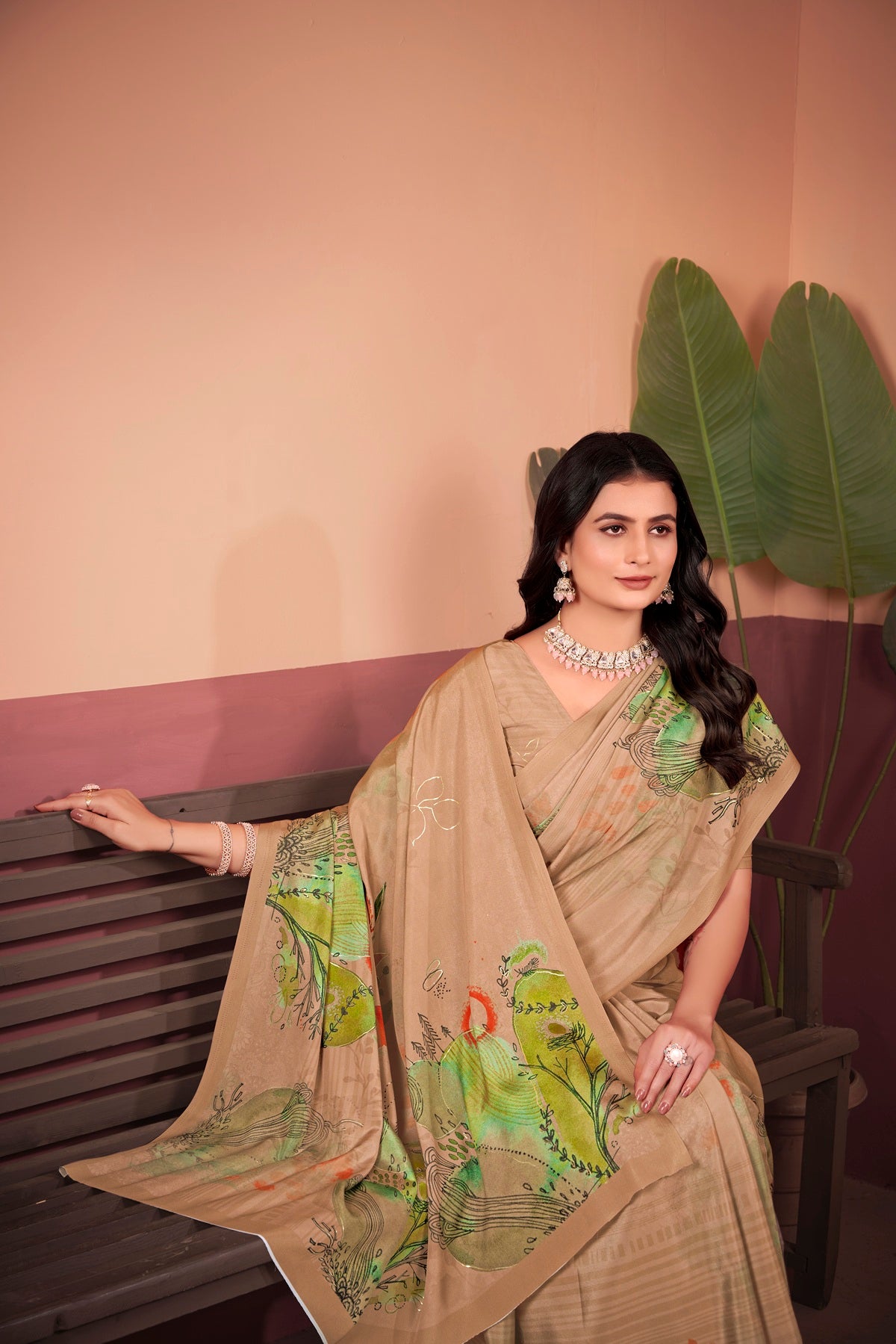 Elegant Beige-Green Saree with Positional Floral Print, Foil Pallu & Floral Border Blouse