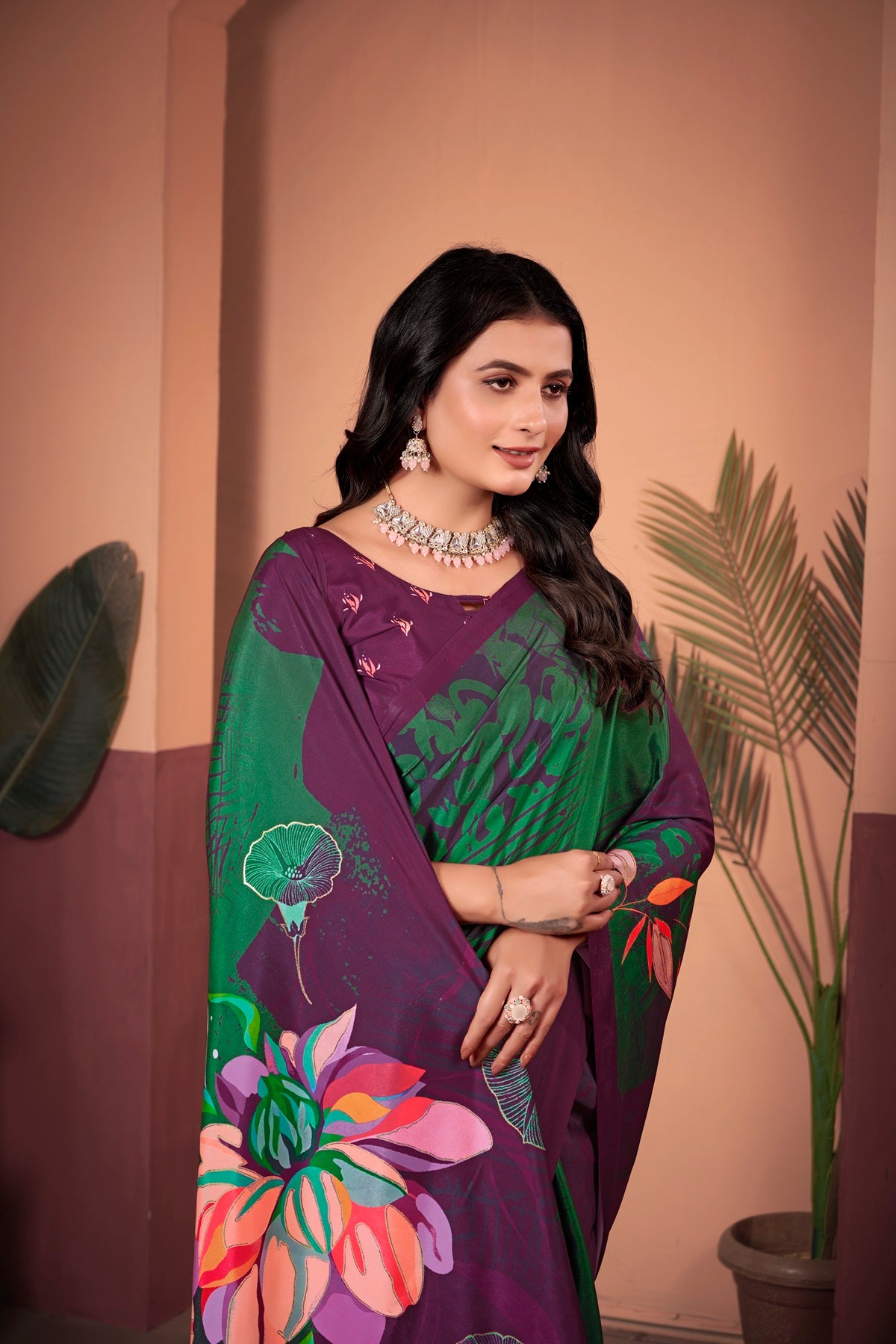 Regal Wine & Green Saree with Positional Floral Print & Foil-Embellished Pallu
