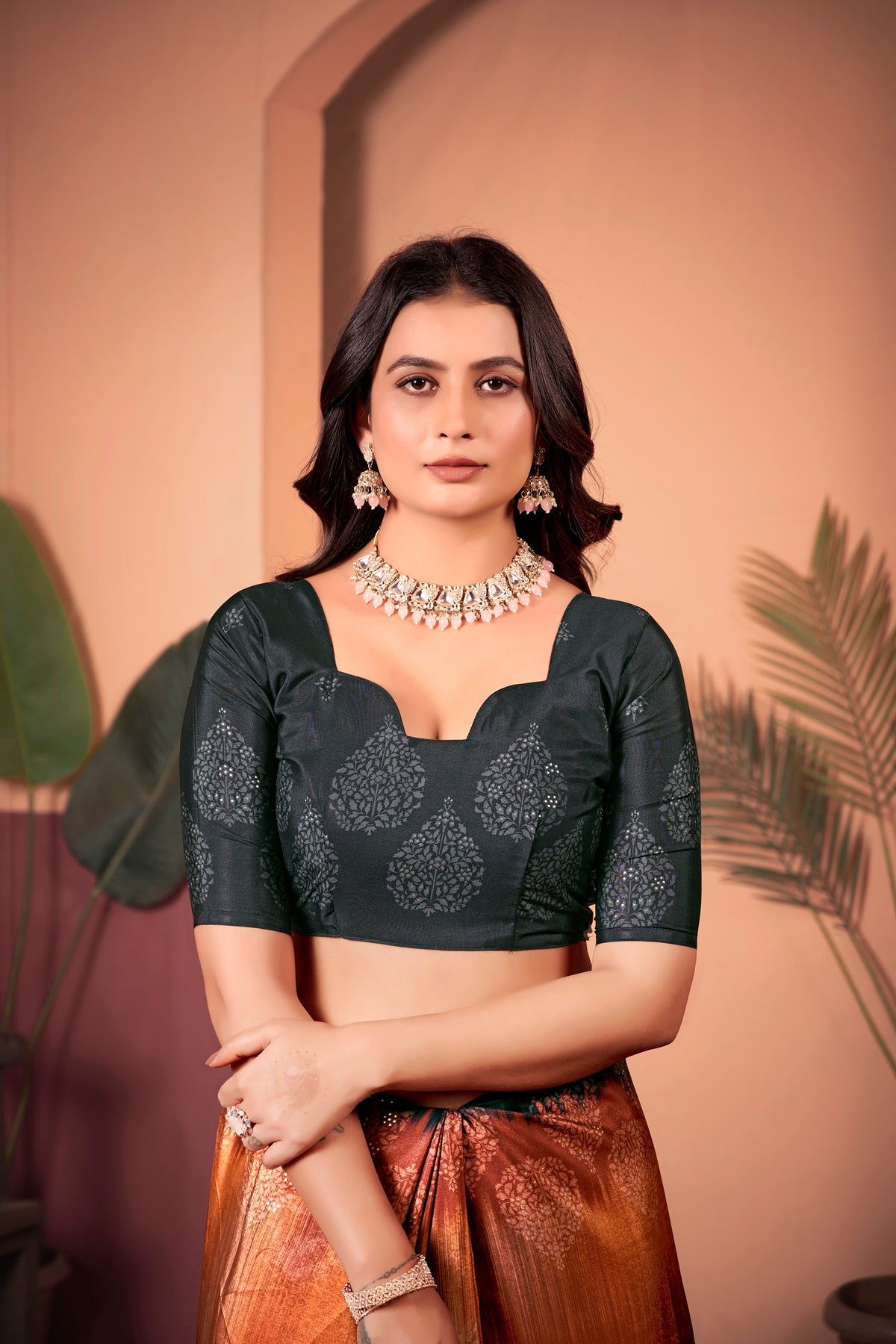 Sophisticated Rust Brown Saree with Positional Floral Print & Foil-Embellished Pallu