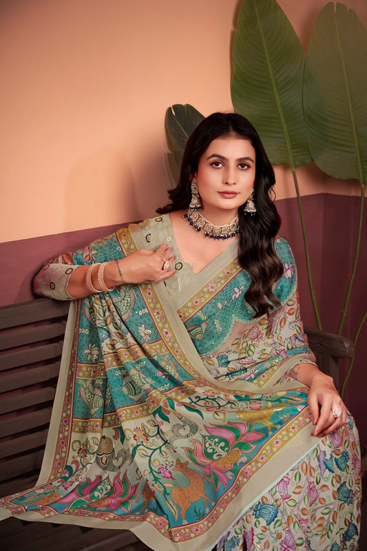Elegant Beige & Blue Saree with Positional Floral Print & Foil Detailing