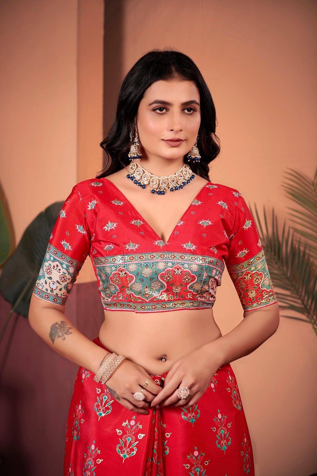 Radiant Tomato Red Saree with Positional Floral Print & Foil Detailing