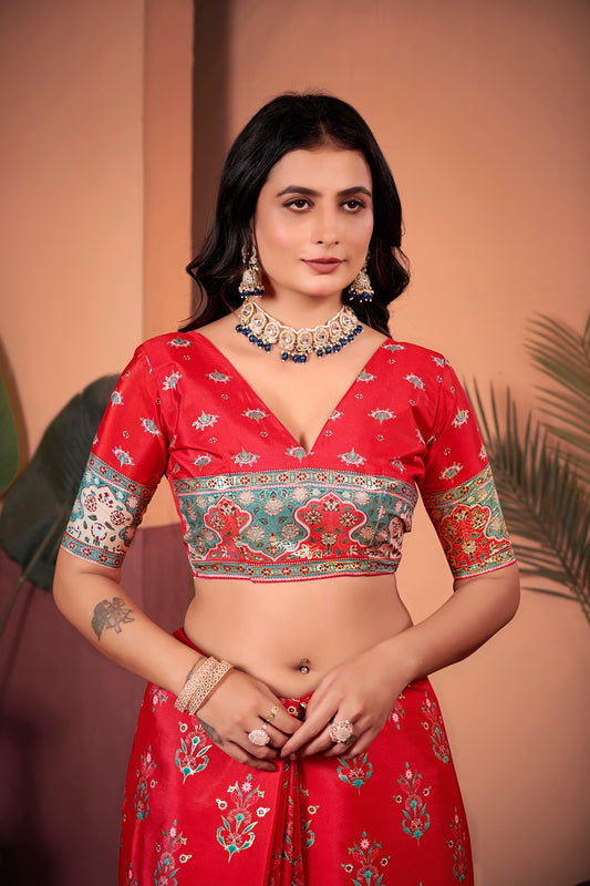 Radiant Tomato Red Saree with Positional Floral Print & Foil Detailing