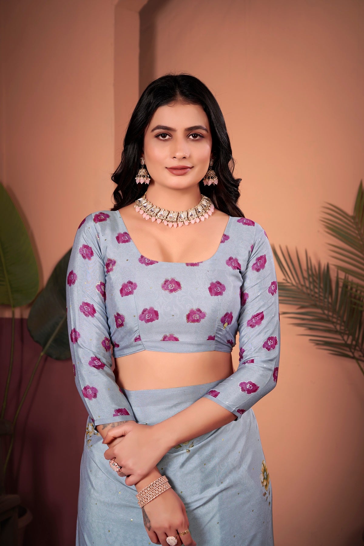 Graceful Lilac Grey Saree with Positional Floral Print & Foil Detailing