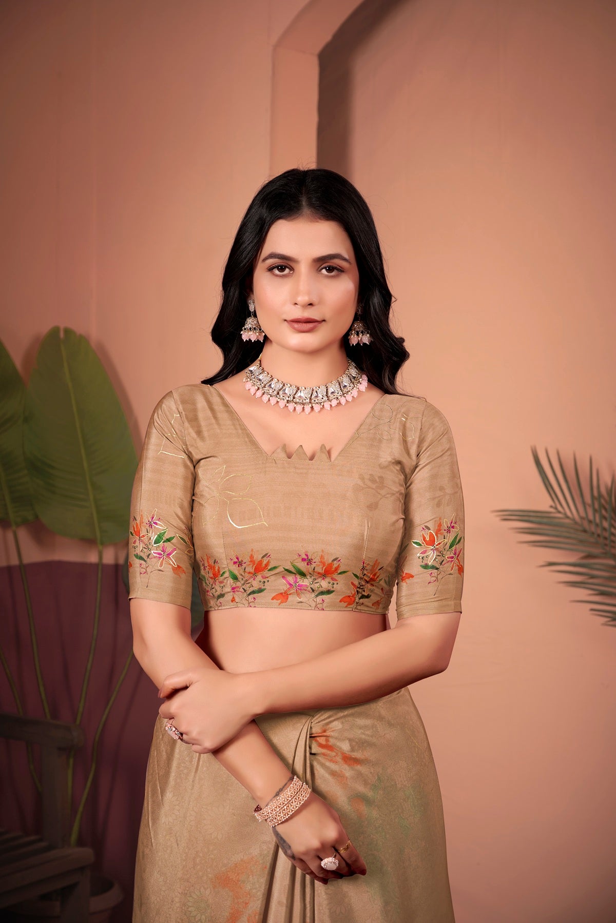 Elegant Beige-Green Saree with Positional Floral Print, Foil Pallu & Floral Border Blouse