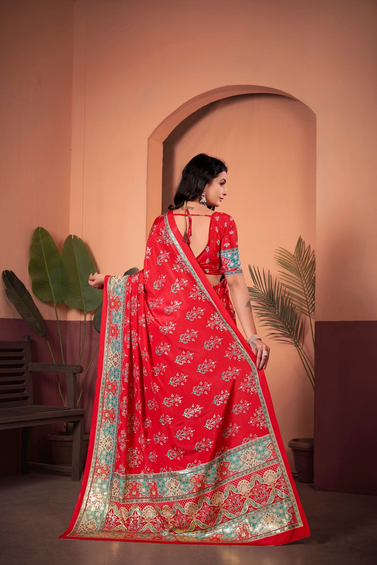 Radiant Tomato Red Saree with Positional Floral Print & Foil Detailing