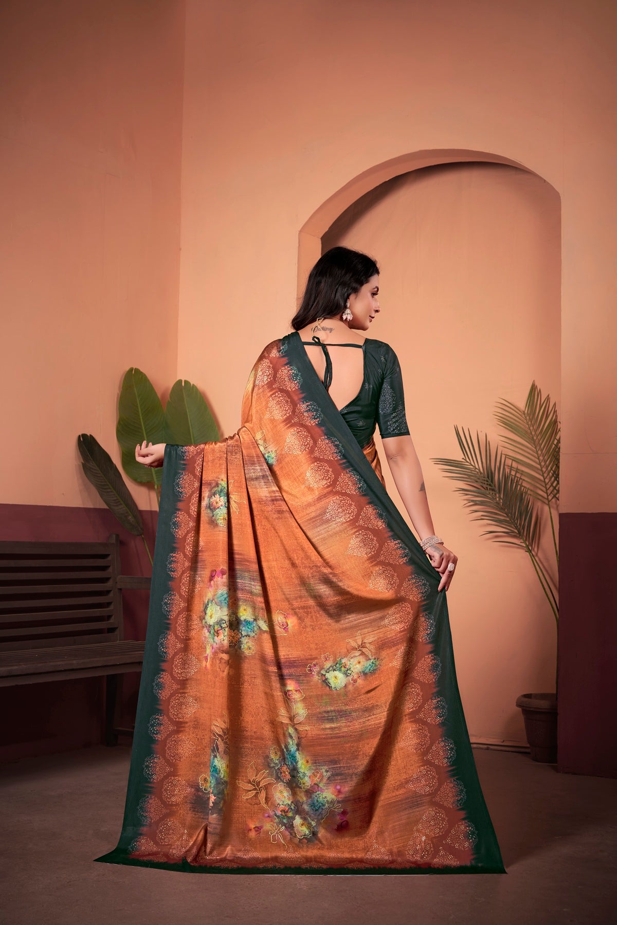 Sophisticated Rust Brown Saree with Positional Floral Print & Foil-Embellished Pallu