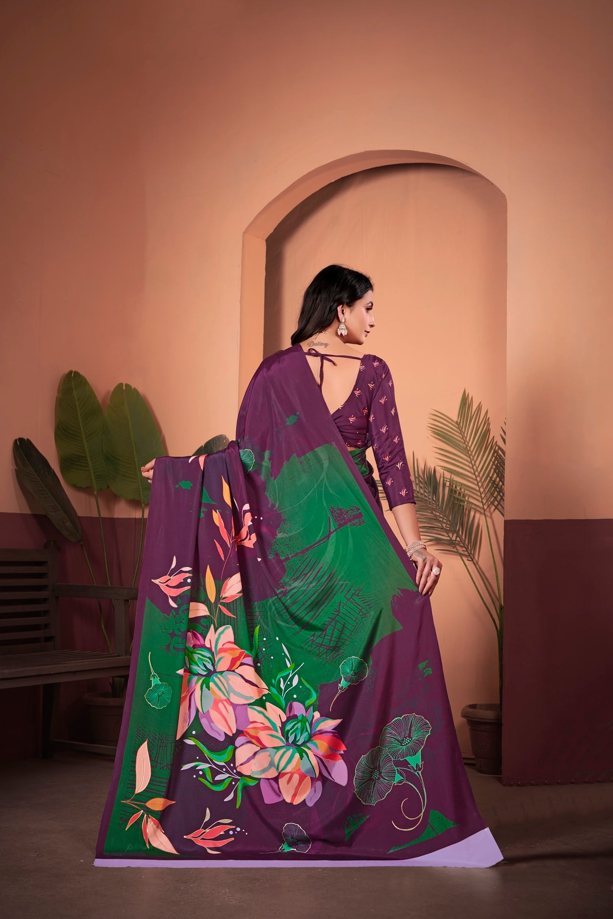 Regal Wine & Green Saree with Positional Floral Print & Foil-Embellished Pallu