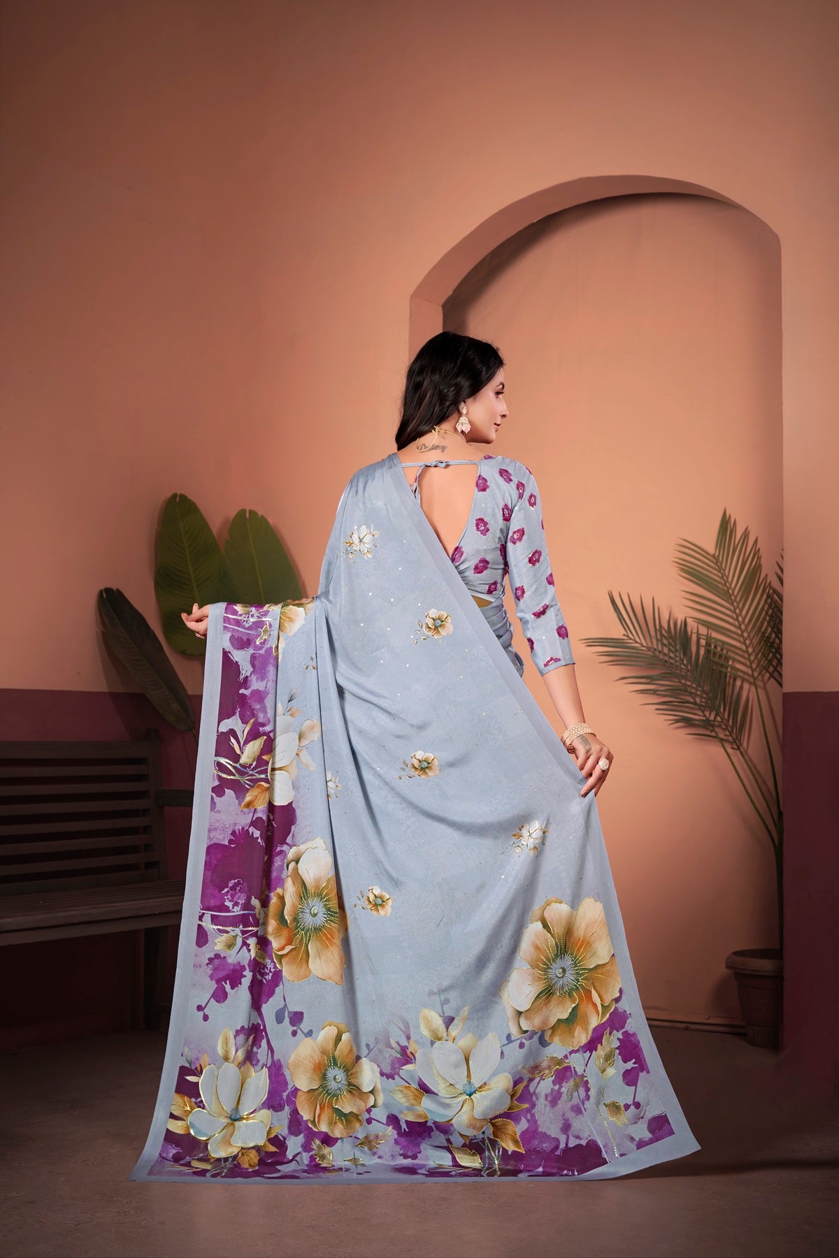 Graceful Lilac Grey Saree with Positional Floral Print & Foil Detailing