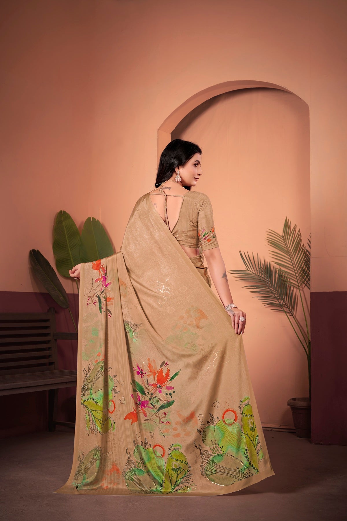 Elegant Beige-Green Saree with Positional Floral Print, Foil Pallu & Floral Border Blouse