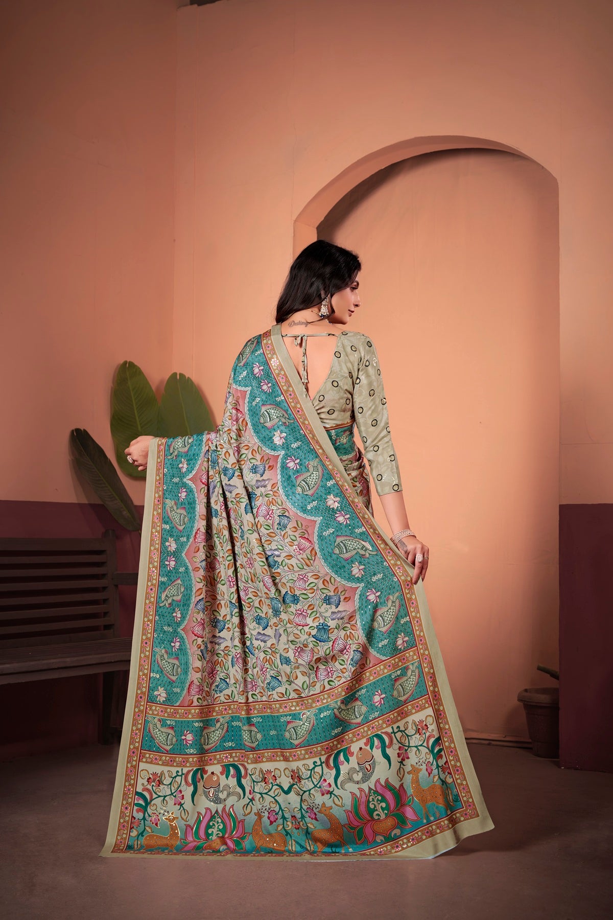 Elegant Beige & Blue Saree with Positional Floral Print & Foil Detailing