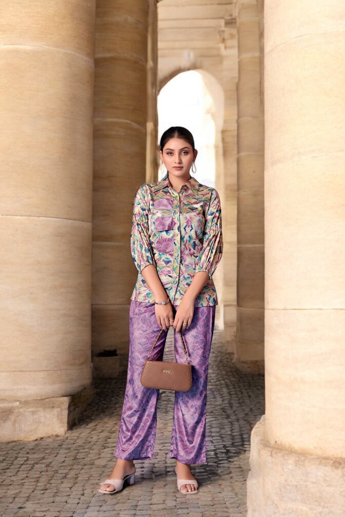 Elegant Crepe Silk Co-Ord Set with Pastel Floral Digital Print & Matching Scarf -Lavender- Beige