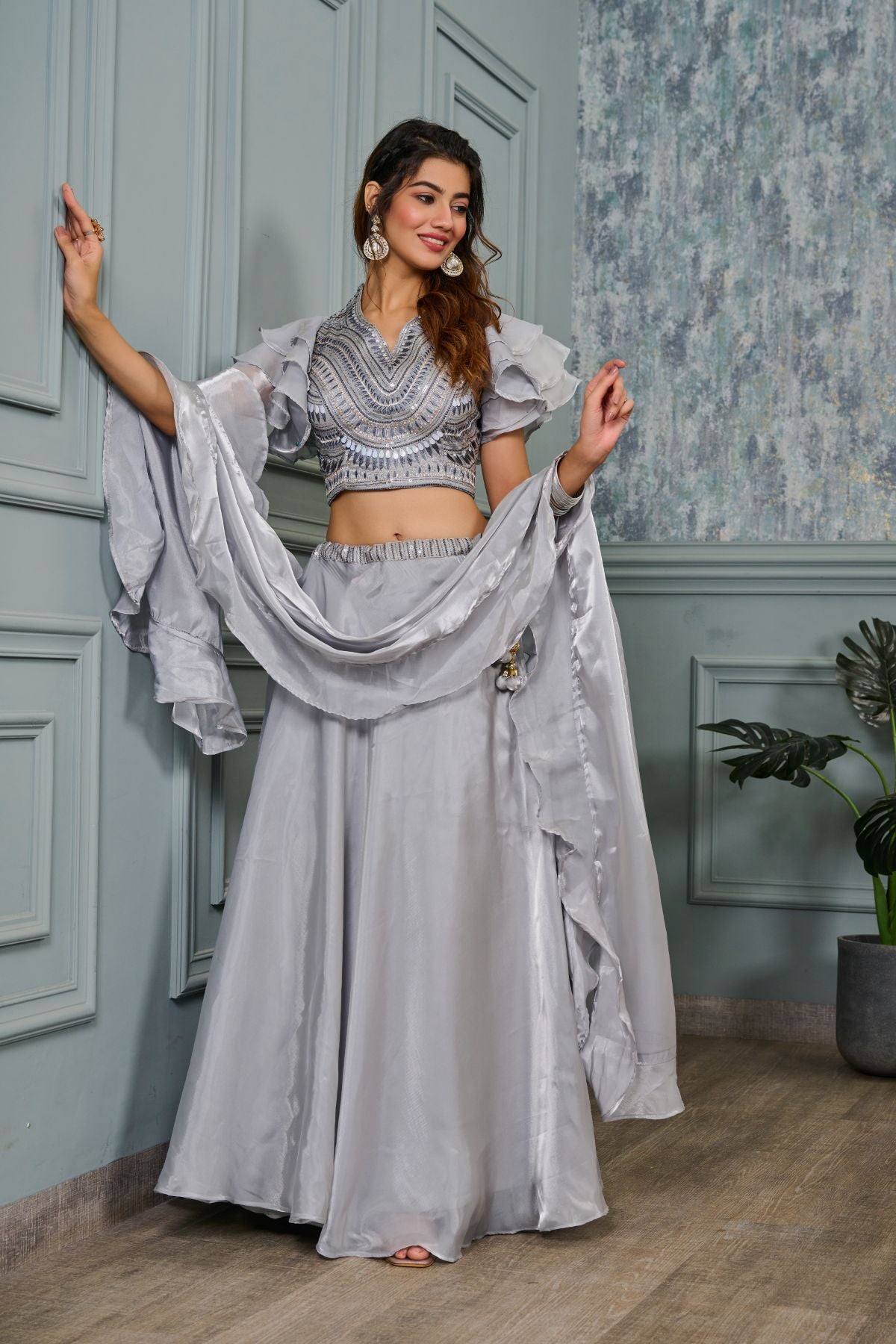 Grey Tissue Heavy Embroidery Lehenga - jivora