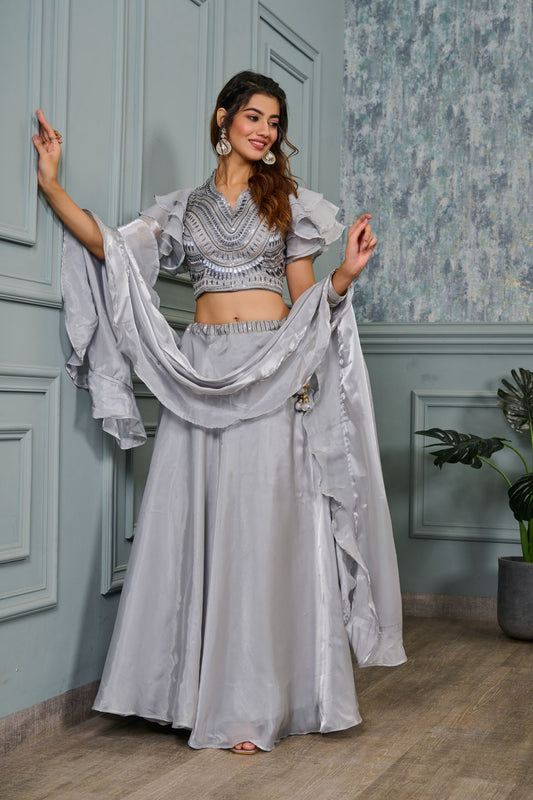 Grey Tissue Heavy Embroidery Lehenga - jivora