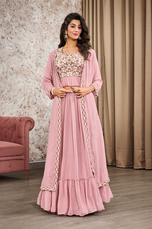 Light Pink Shimmer Georgettes Heavy Embroidery Lehenga - jivora
