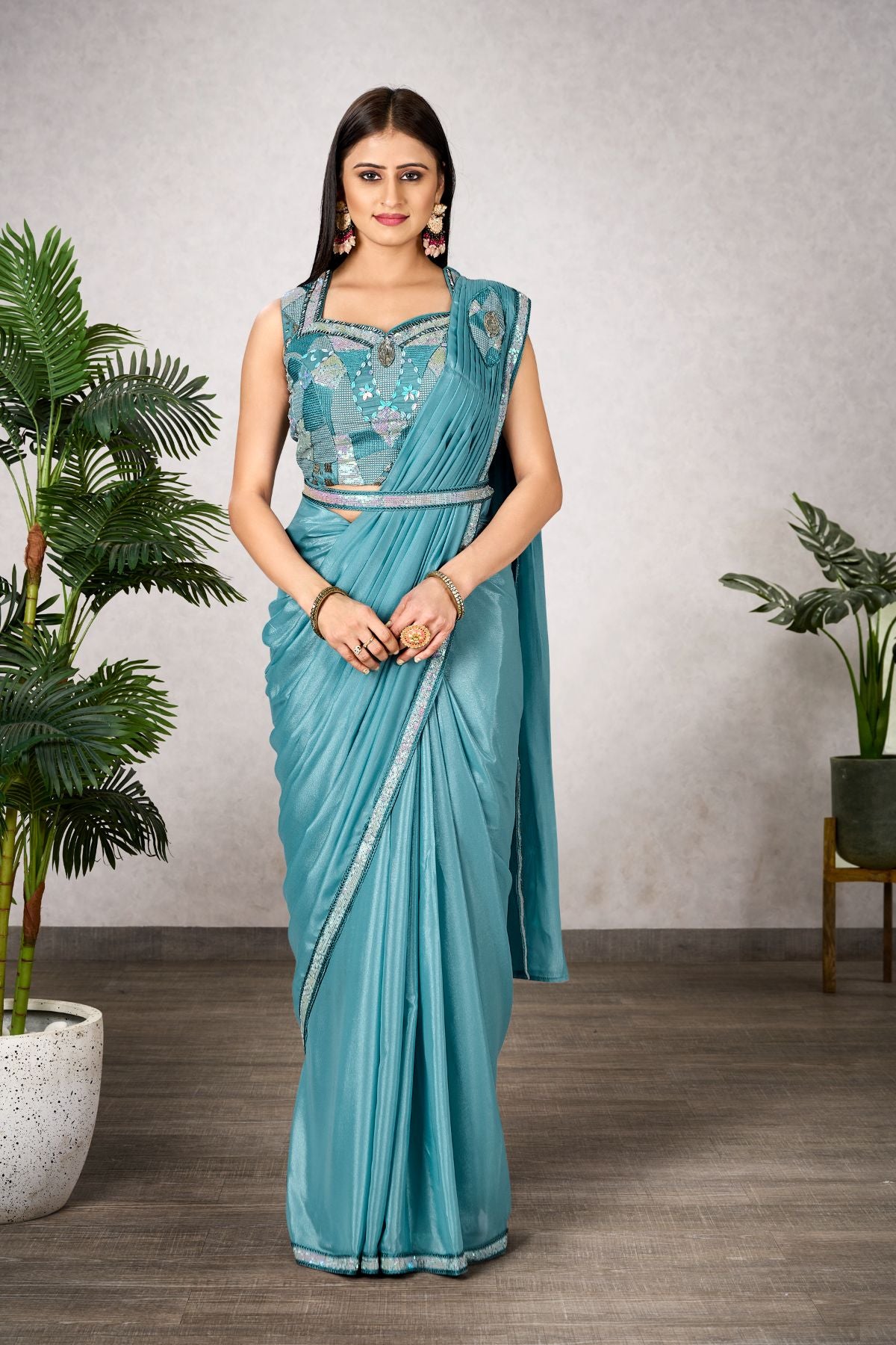 Sky-Blue Shimmer Georgette Saree With Beautiful Embroidery - jivora