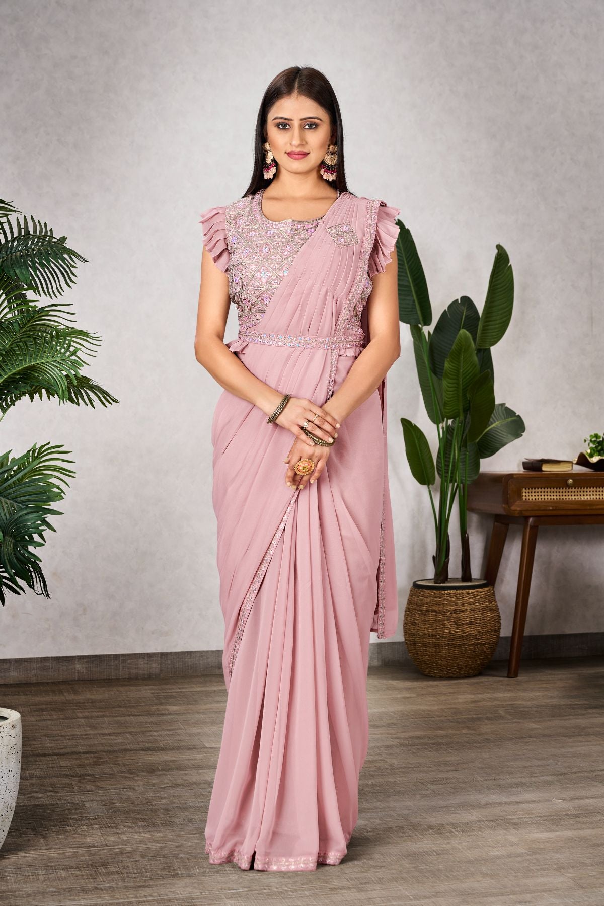 Pink Saree And Blouse Set Features Shimmery Georgettes - jivora