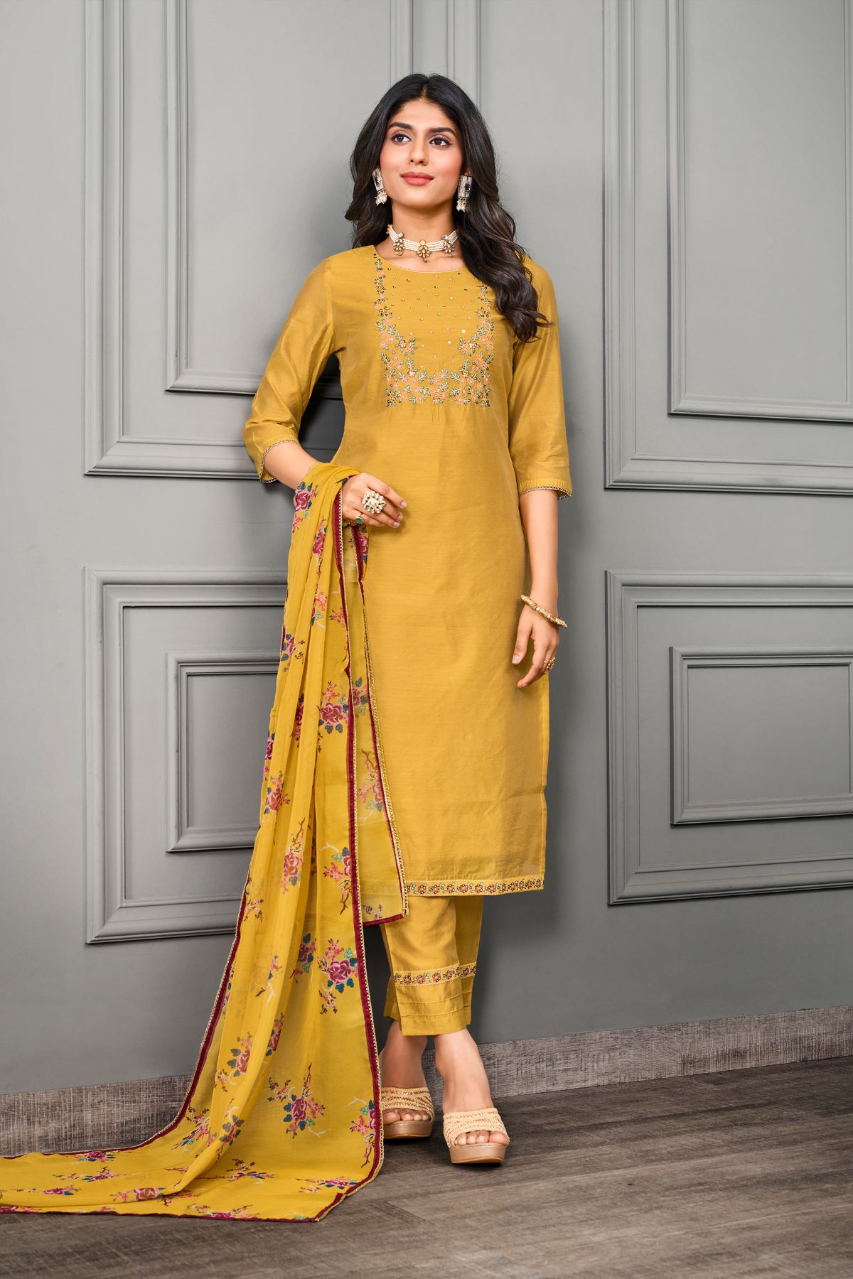 Yellow Cotton silk with Organza Embroidery Salwar Kameez - jivora