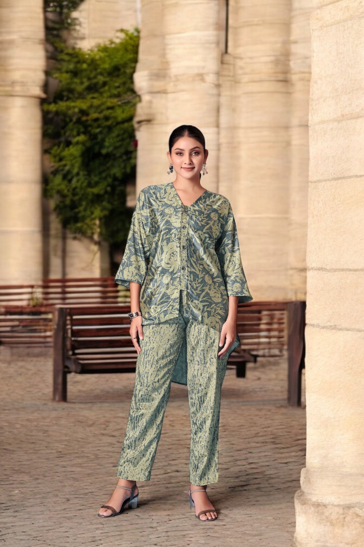 Elegant Crepe Silk Co-Ord Set with Pastel Floral Digital Print & Matching Scarf -Light Blue