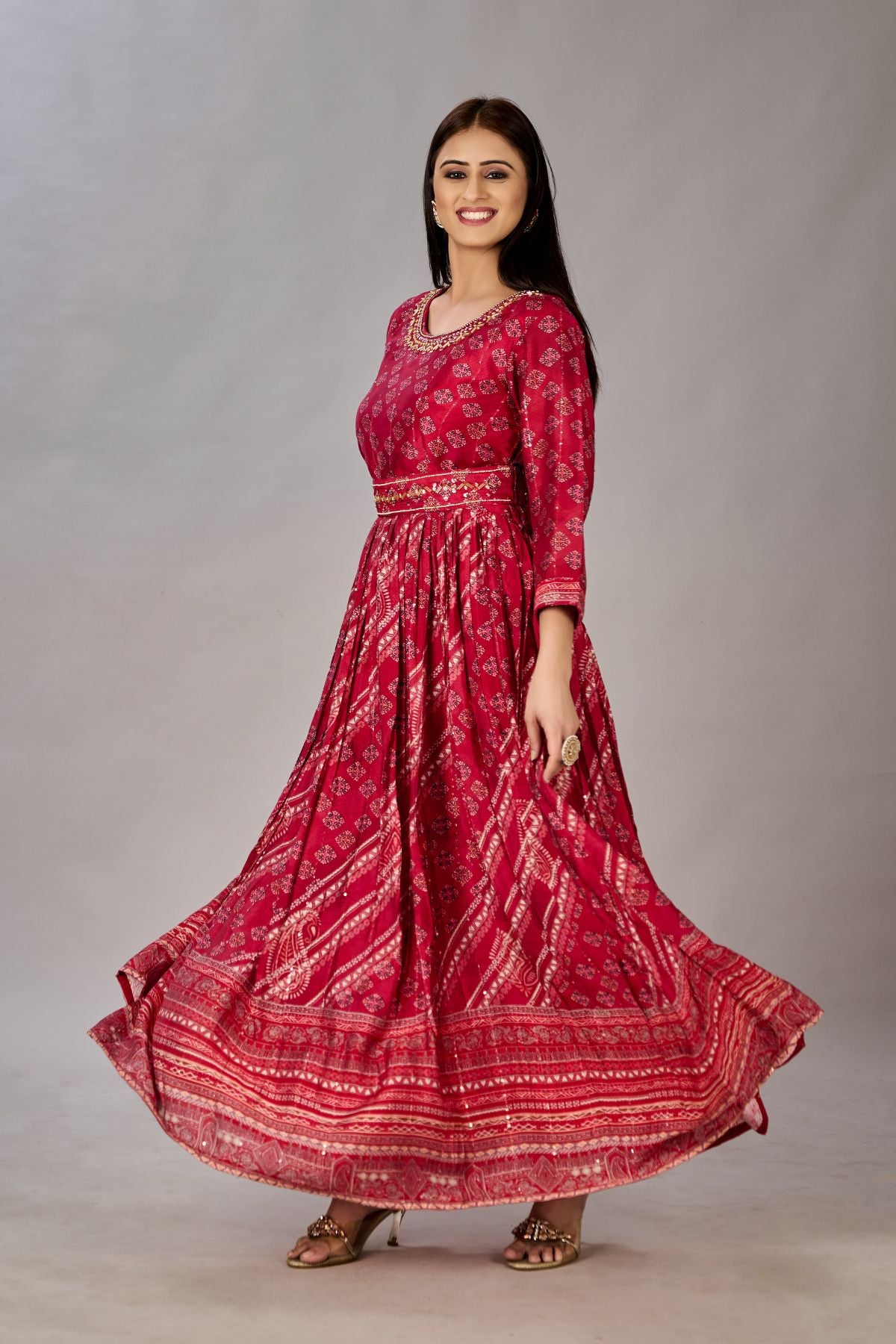 Red Muslin Silk Embroidered with Sequins Gown - jivora
