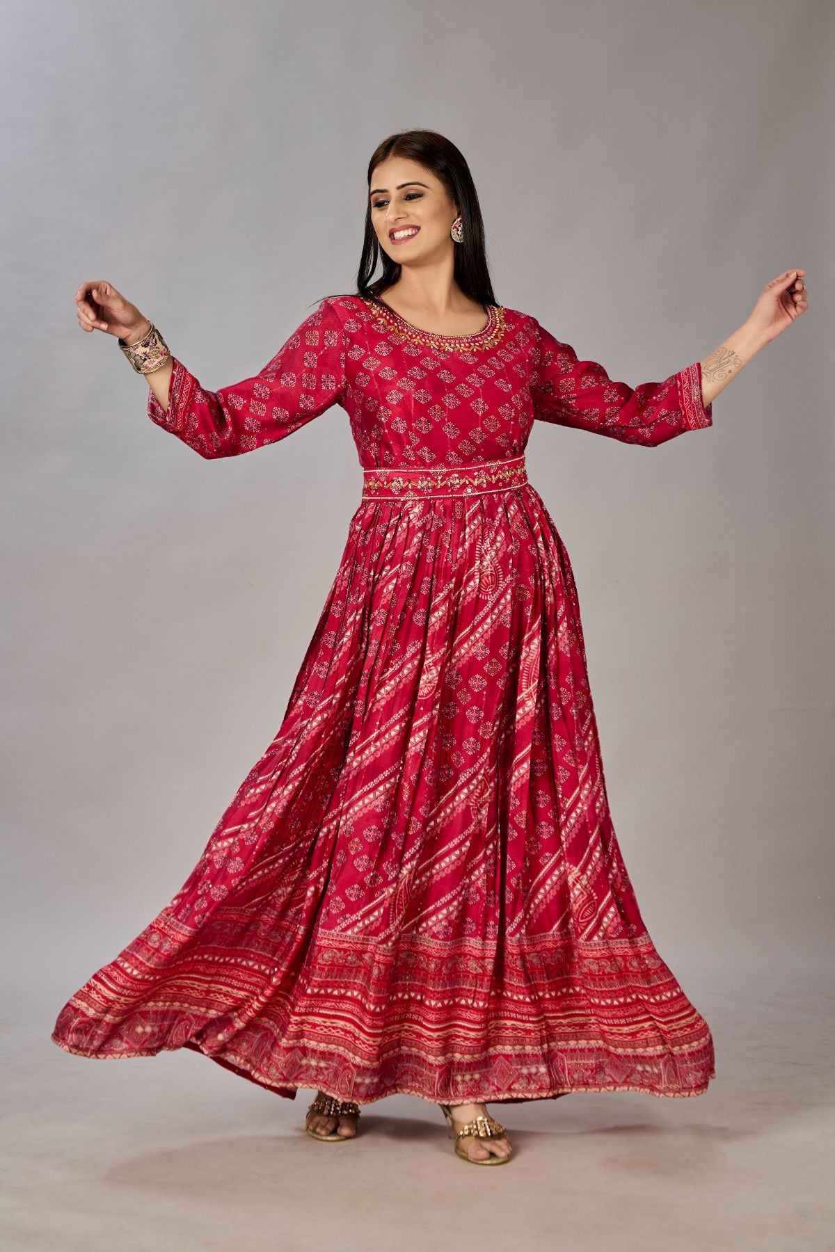 Red Muslin Silk Embroidered with Sequins Gown - jivora