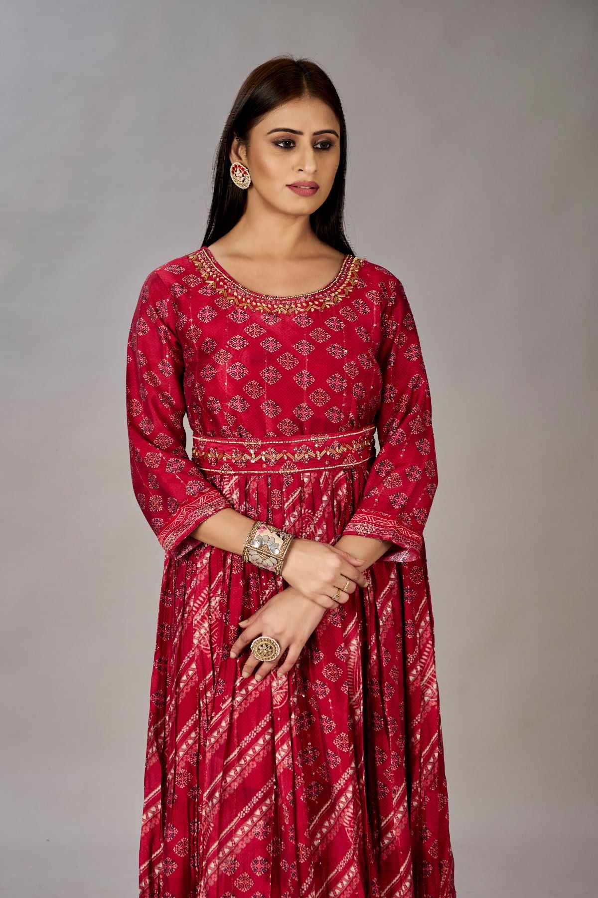 Red Muslin Silk Embroidered with Sequins Gown - jivora