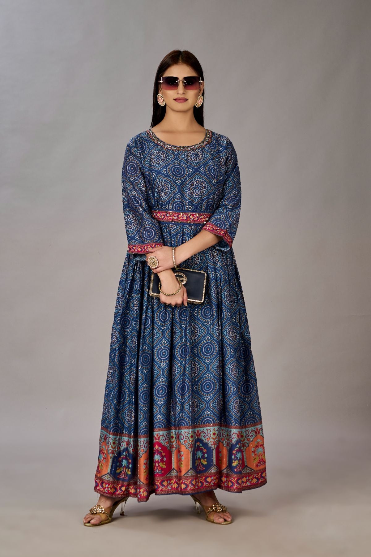 Navy Blue Muslin Silk Embroidered with Sequins Gown - jivora