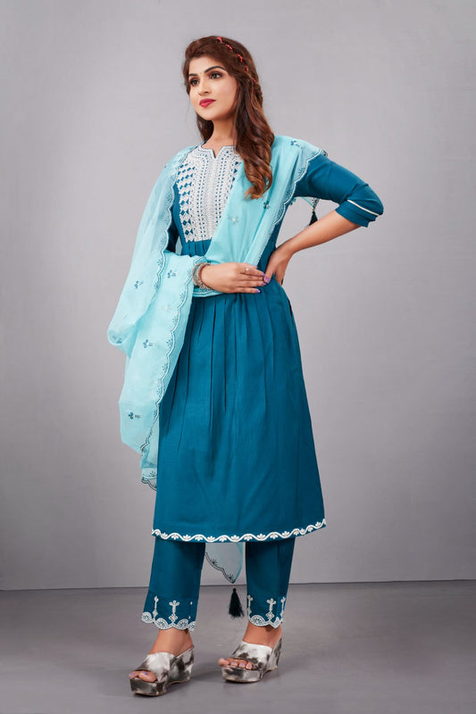 Blue Muslin Silk Lucknowi Style Salwar Kameez - jivora