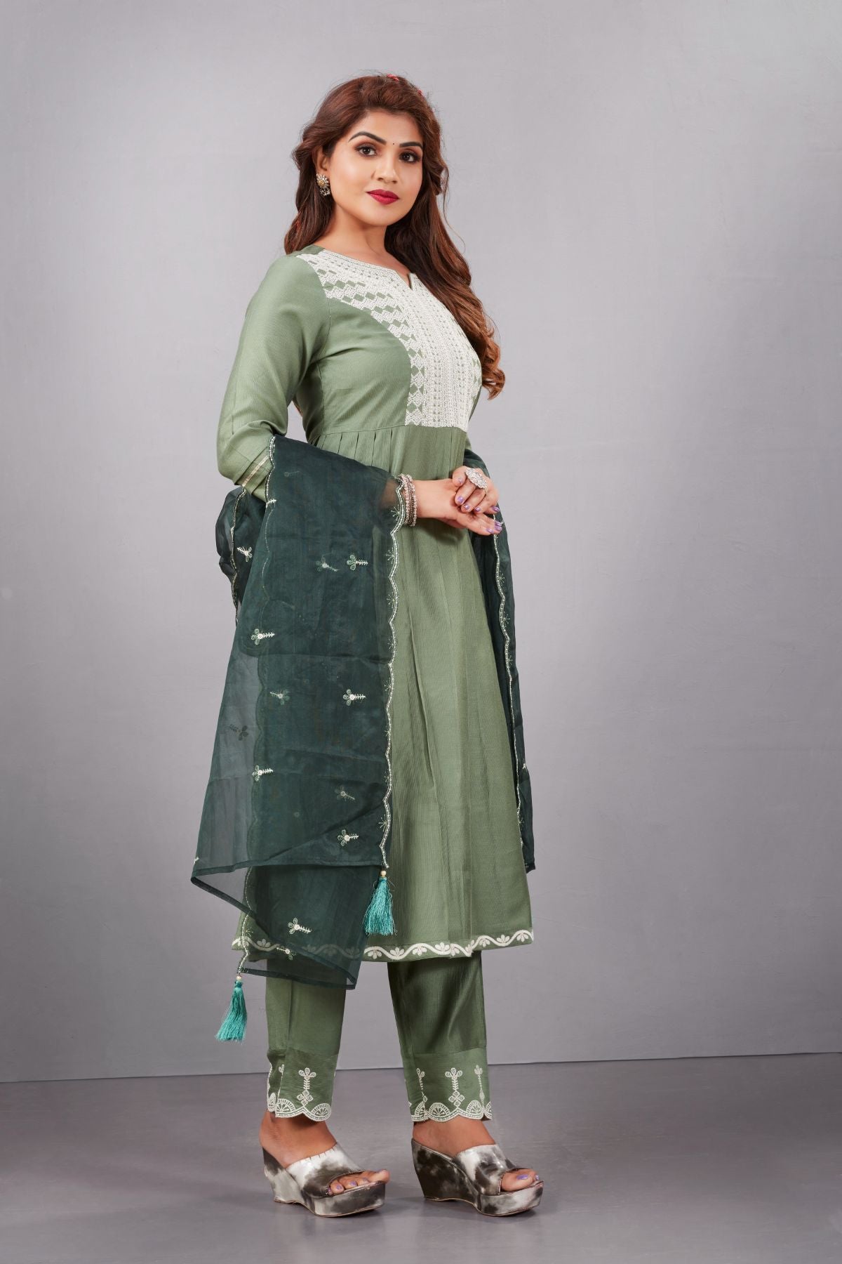 Light Green Muslin Silk Lucknowi Style Salwar Kameez - jivora