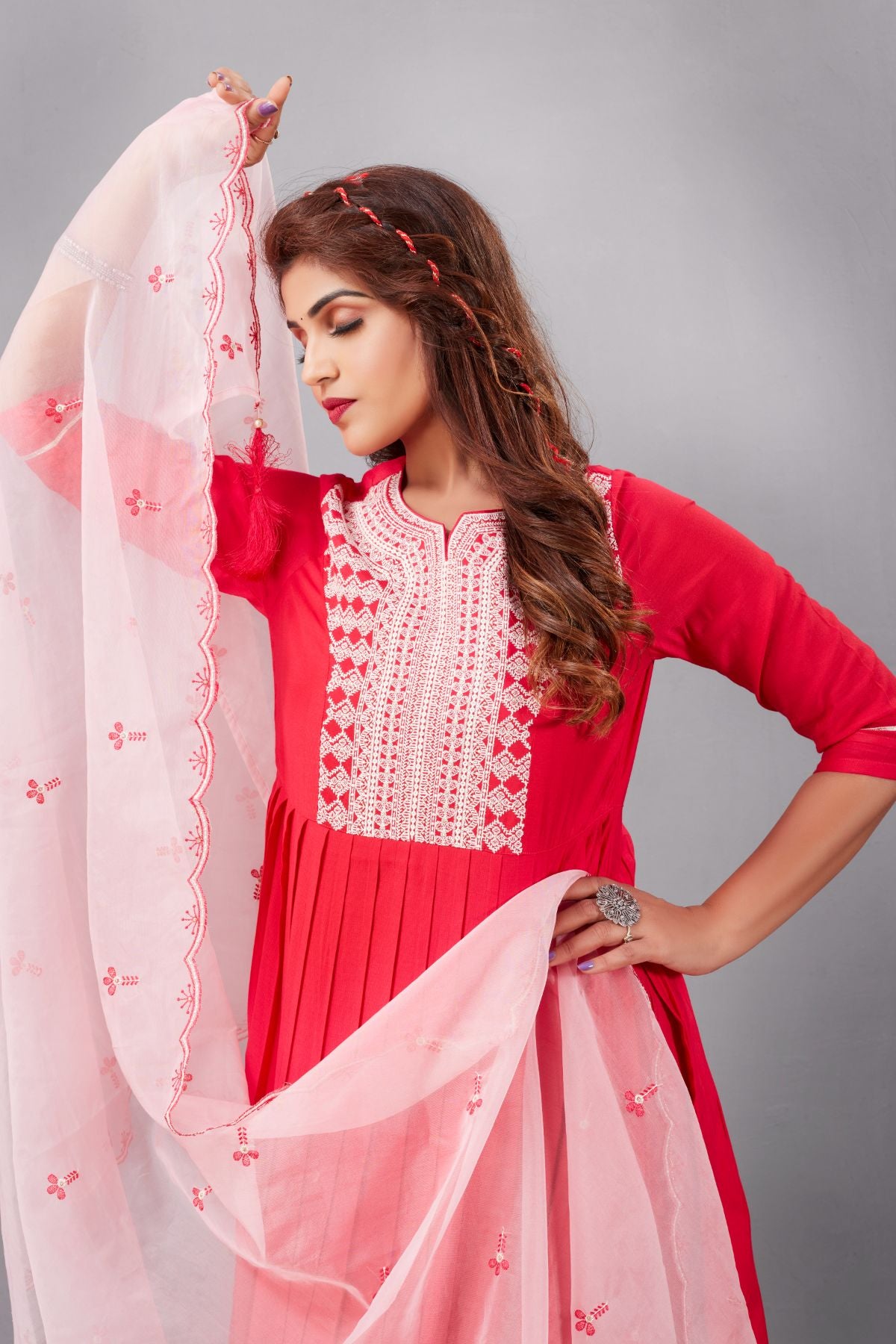 Red Muslin Silk Lucknowi Style Salwar Kameez - jivora