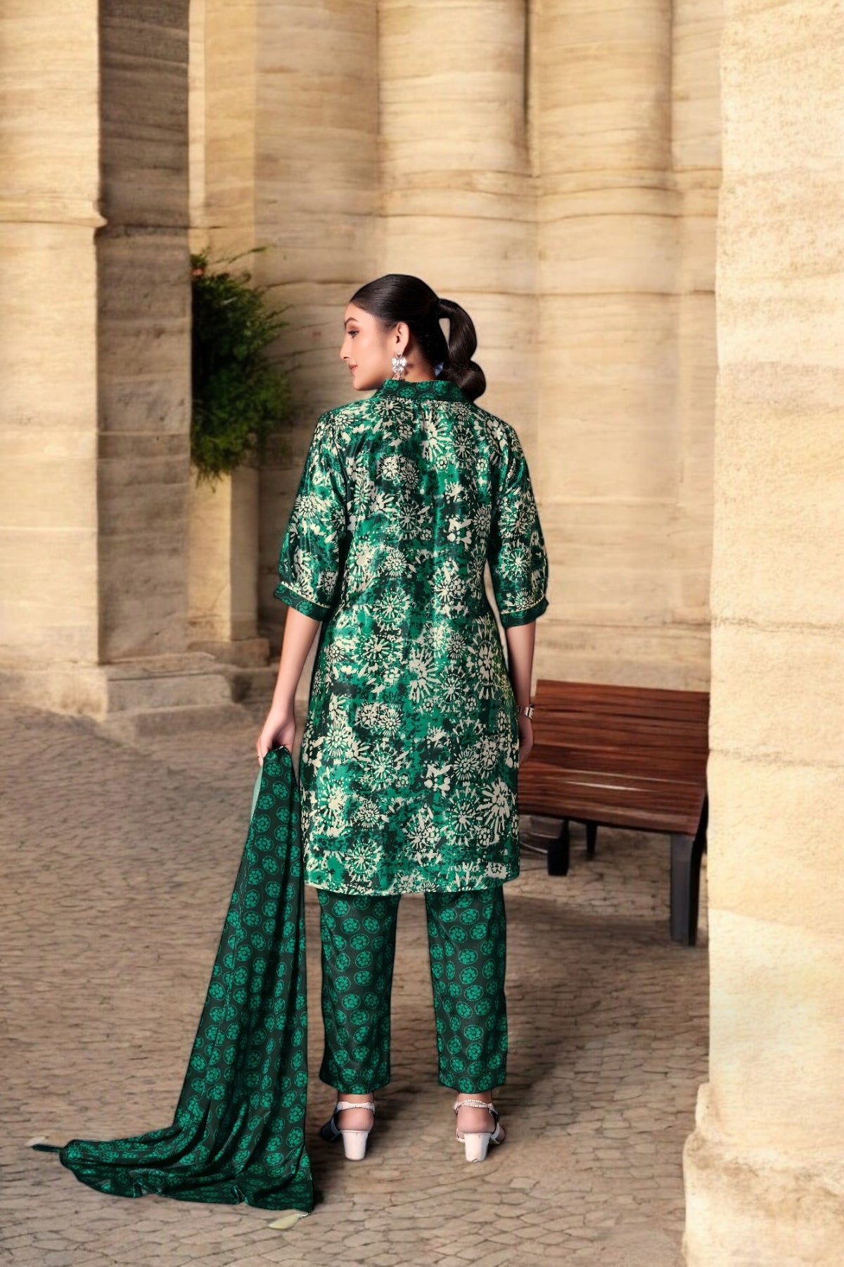 Elegant Crepe Silk Co-Ord Set with Pastel Floral Digital Print & Matching Scarf -Dark Green