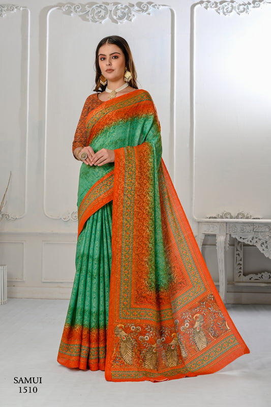 Premium Natural Silk High Definition Jacquard Zari Digital Printed Blouse With Saree - jivora