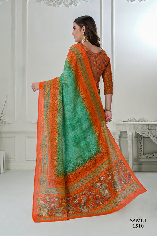 Premium Natural Silk High Definition Jacquard Zari Digital Printed Blouse With Saree - jivora