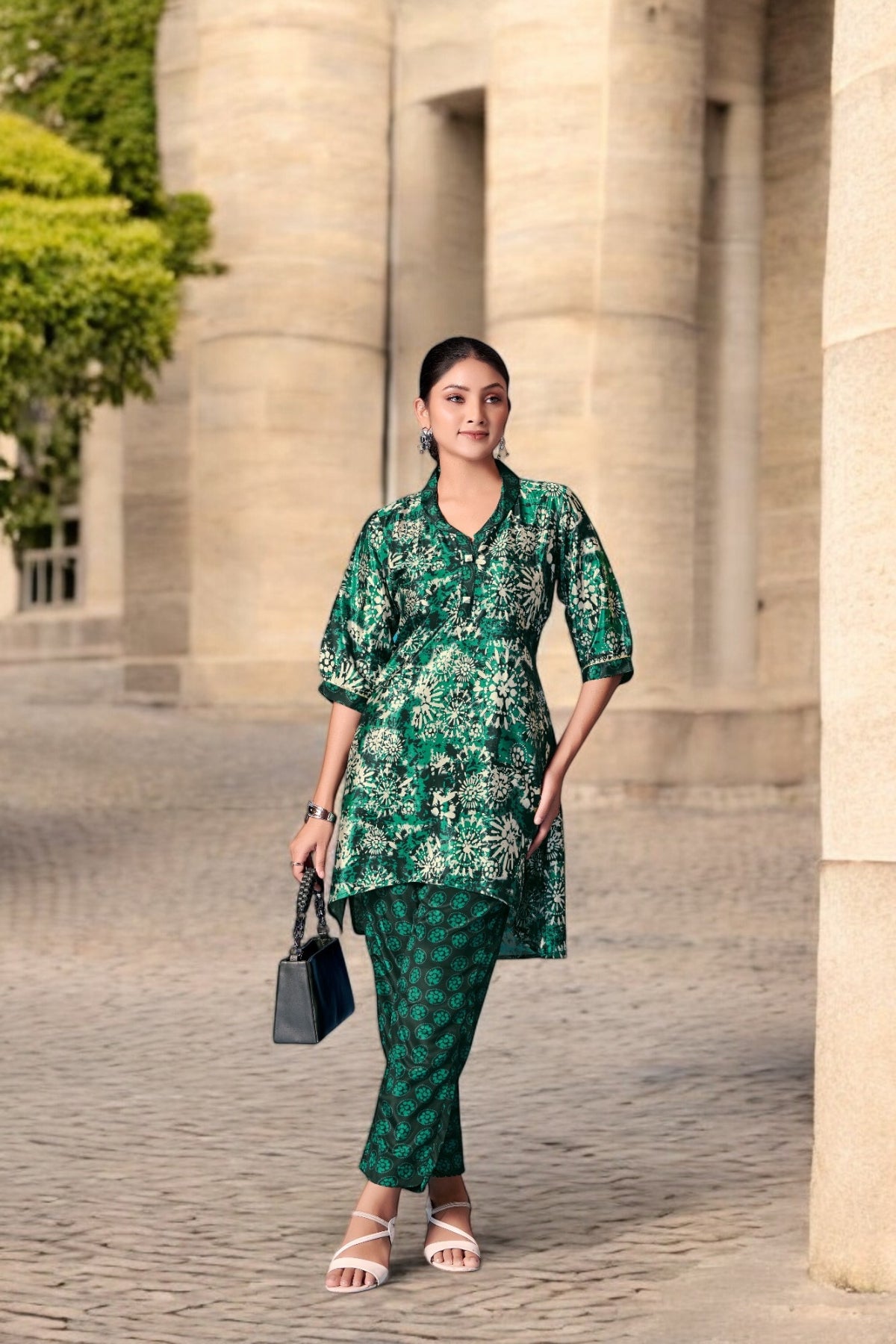 Elegant Crepe Silk Co-Ord Set with Pastel Floral Digital Print & Matching Scarf -Dark Green