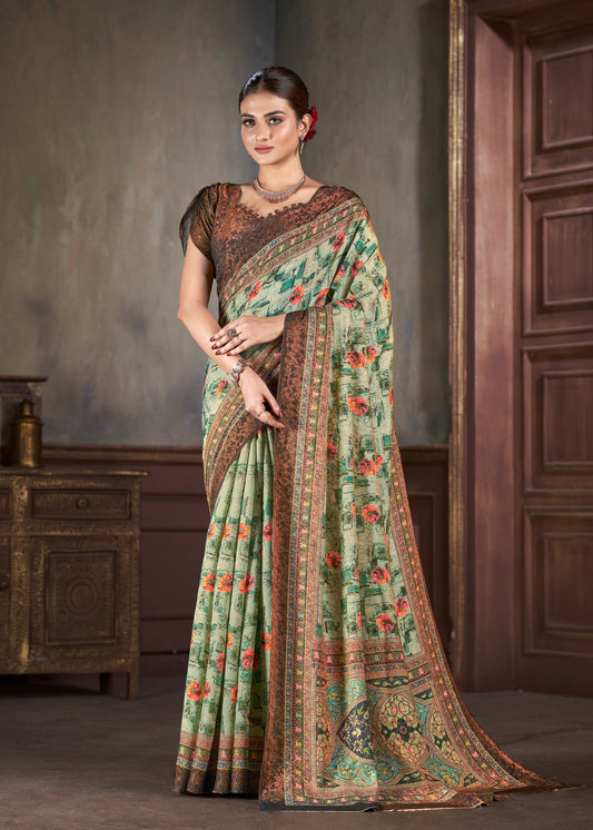 Premium Natural Silk High Definition Jacquard Zari Digital Printed Blouse With Saree - jivora