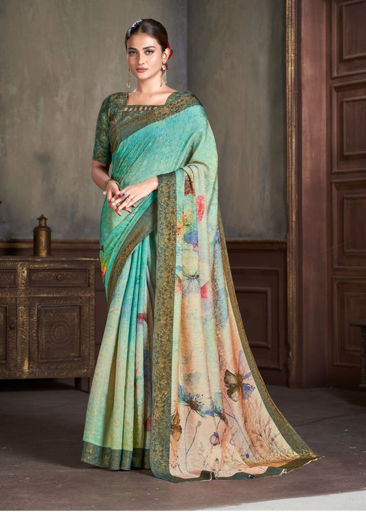 Premium Natural Silk High Definition Jacquard Zari Digital Printed Blouse With Saree - jivora