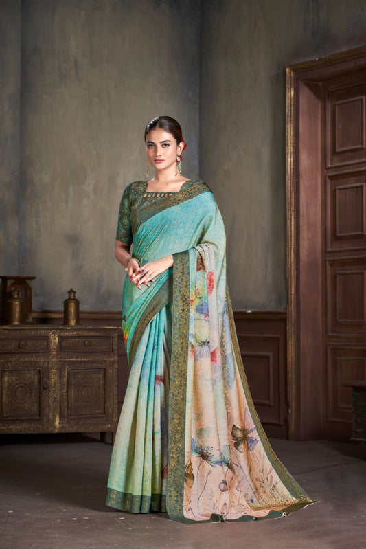 Premium Natural Silk High Definition Jacquard Zari Digital Printed Blouse With Saree - jivora