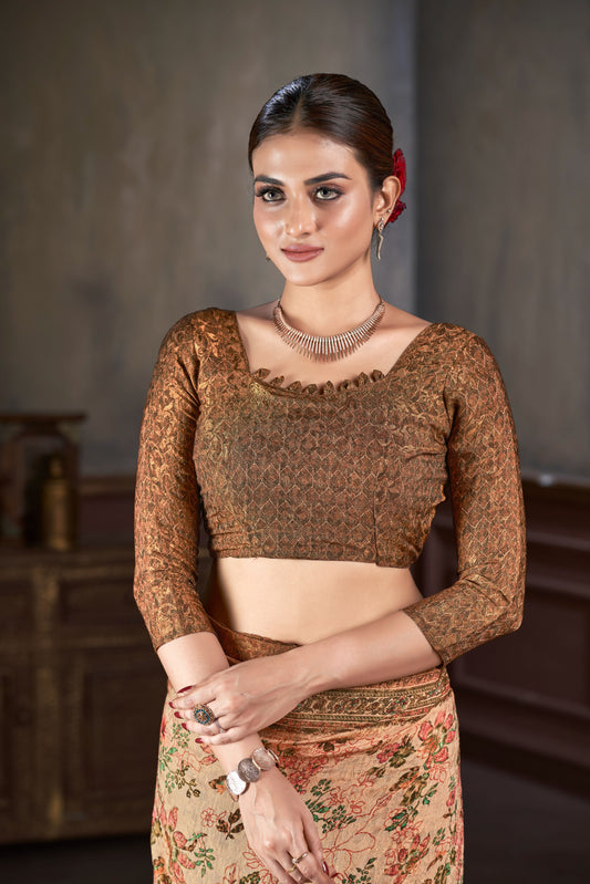 Premium Natural Silk High Definition Jacquard Zari Digital Printed Blouse With Saree - jivora