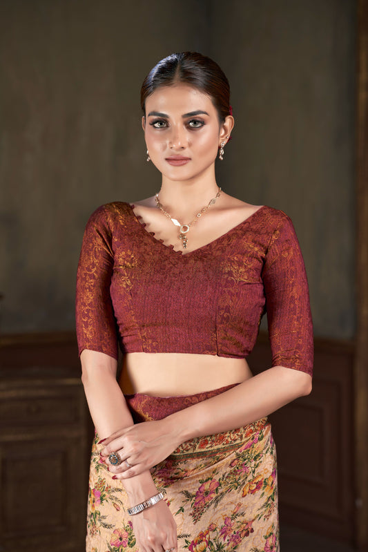 Premium Natural Silk High Definition Jacquard Zari Digital Printed Blouse With Saree - jivora