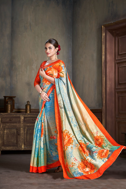 Premium Natural Silk High Definition Jacquard Zari Digital Printed Blouse With Saree - jivora
