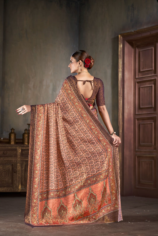 Premium Natural Silk High Definition Jacquard Zari Digital Printed Blouse With Saree - jivora