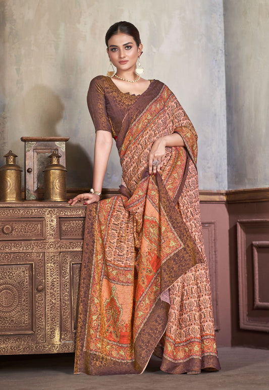 Premium Natural Silk High Definition Jacquard Zari Digital Printed Blouse With Saree - jivora