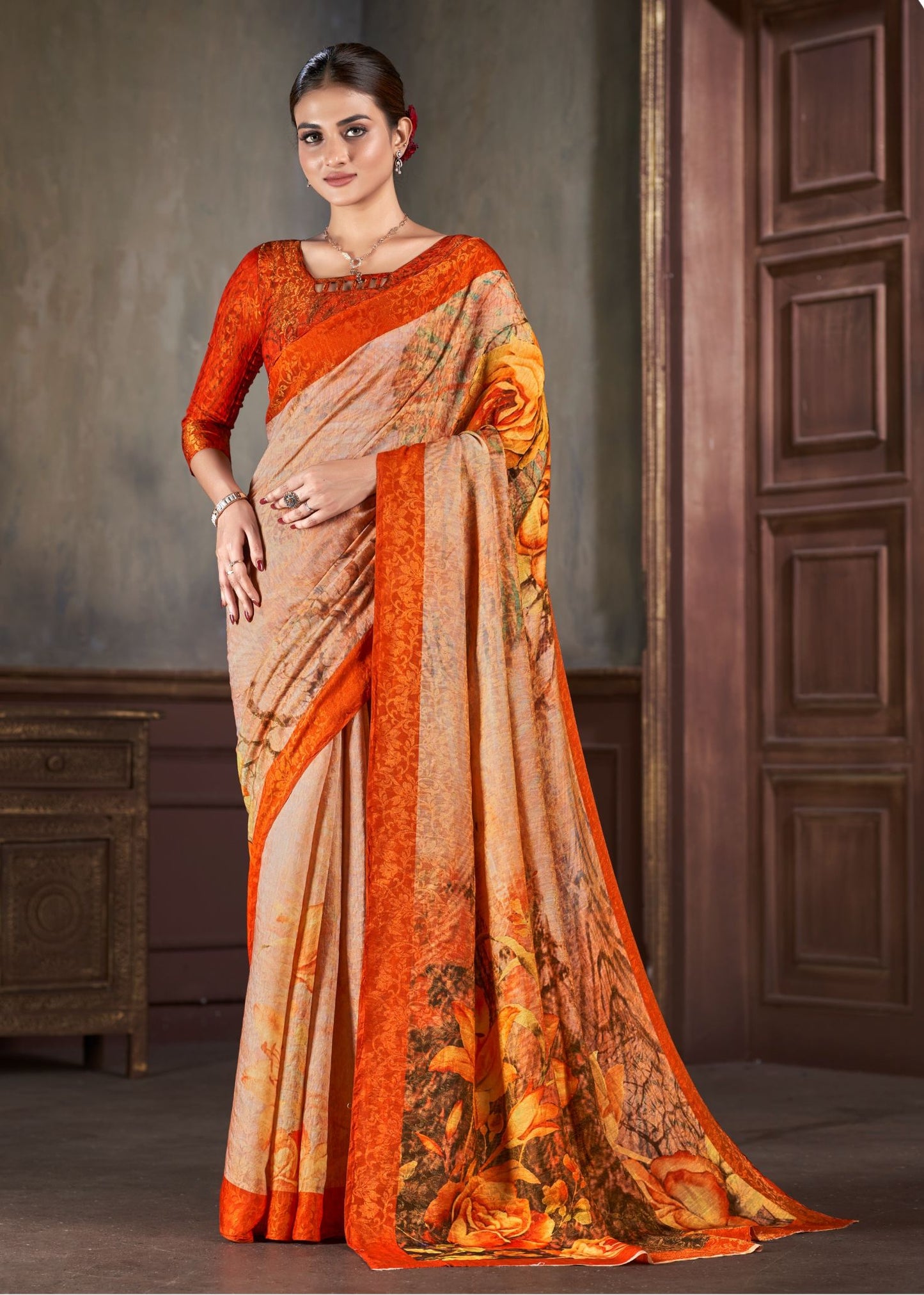 Premium Natural Silk High Definition Jacquard Zari Digital Printed Blouse With Saree - jivora