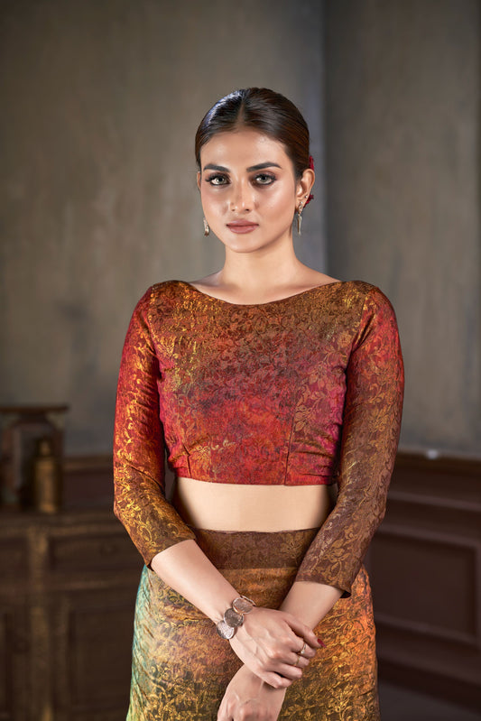 Premium Natural Silk High Definition Jacquard Zari Digital Printed Blouse With Saree - jivora