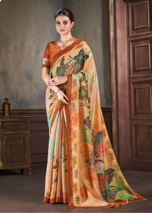 Premium Natural Silk High Definition Jacquard Zari Digital Printed Blouse With Saree - jivora